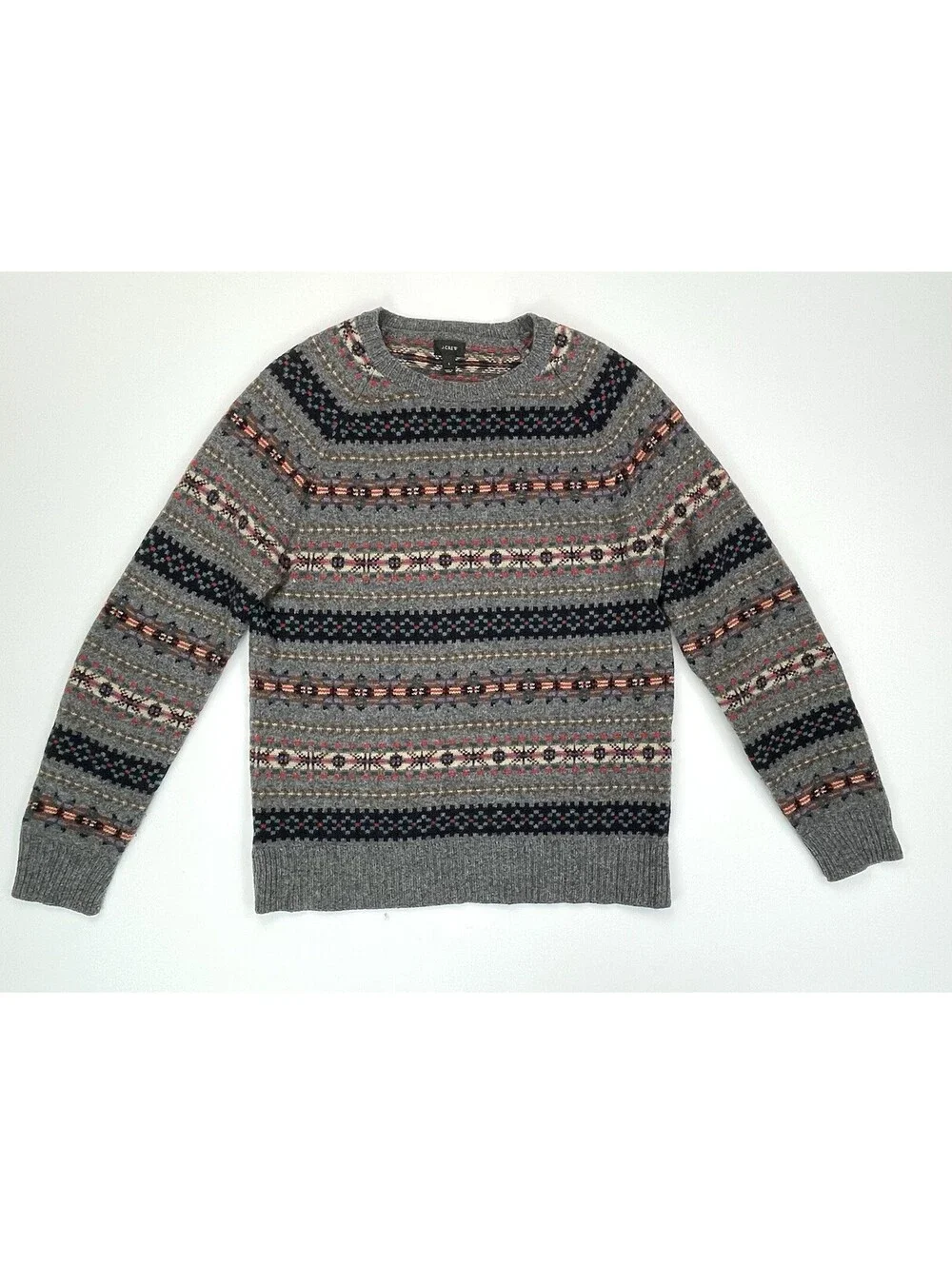 JCrew Mens Fair Isle Lambswool Sweater Gray Knit Small S Nordic Crewneck *read*